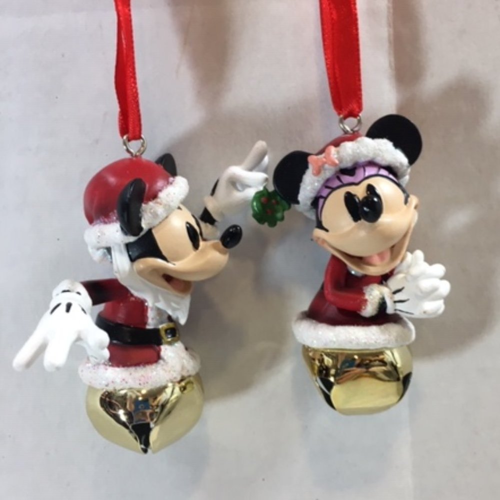 NWT Santa Mickey and Minnie Mouse Bell Christmas Ornament SET